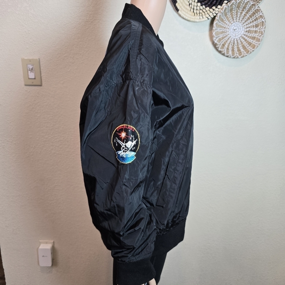 NASA Bomber Jacket With Patches Chemistry Brand Black With Orange Lining Sz Larg - Picture 7 of 16